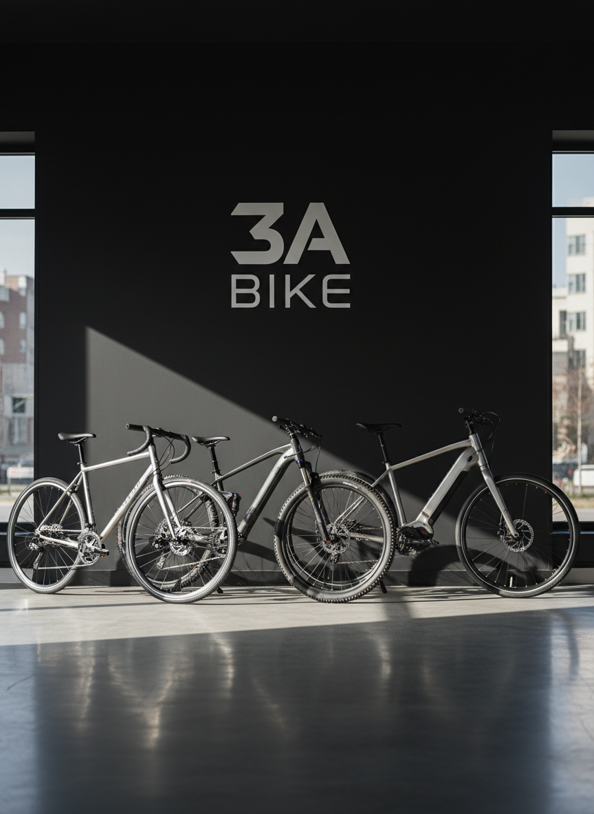 A line of three high-end bicycles stands in front of a bold, matte-black wall with a large, crisp white “3A BIKE” logo. A sleek urban city bike, a rugged VTT with thick knobby tires, and a powerful electric bike with an integrated battery are perfectly aligned on a smooth concrete floor. Afternoon light streams through an unseen shop window, creating sharp highlights on polished frames, disc brakes, and alloy rims, while casting long, graphic shadows. Shot at eye level with a wide angle that captures the whole lineup, the background softly blurred. The mood is bold and professional, emphasizing quality and variety in a clean, modern, photographic realism style ideal for a homepage hero image.