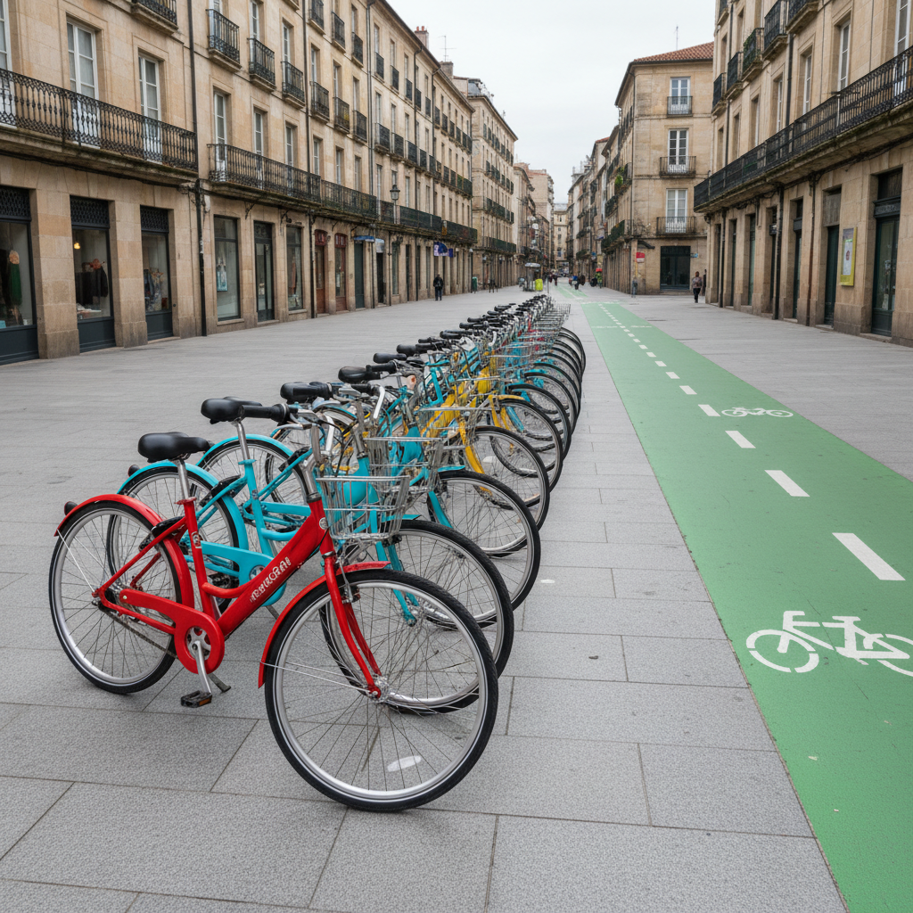 A row of neatly arranged city bikes with step-through frames in bright, saturated colors—red, turquoise, and yellow—lined up wheel to wheel on a smooth stone plaza in the center of a compact European-style town. Behind them, low buildings with neutral facades and clear bike lanes painted in vivid green stretch into the distance. Overcast daylight provides soft, diffused lighting, eliminating harsh shadows and enhancing the clarity of every cable, basket, and gear. Captured from a slightly elevated angle with a deep depth of field to keep all details sharp. The mood is inviting and practical, communicating accessibility and everyday urban mobility with a clean, modern photographic style.