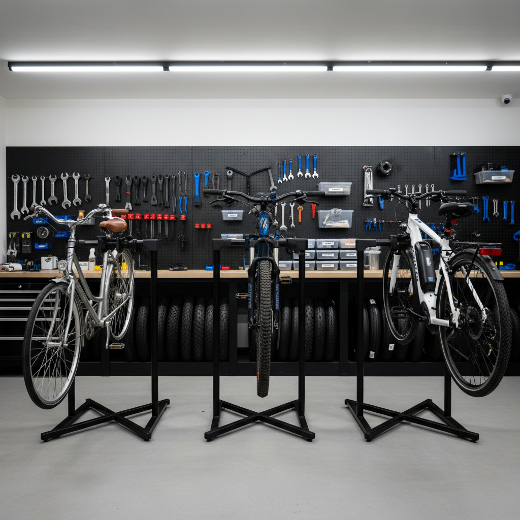 The interior of a modern bike rental workshop featuring three bikes mounted on sleek black maintenance stands: a city bike, a VTT, and an electric bike with its battery partially removed. The backdrop is a pegboard wall covered with meticulously organized tools, spare tires, and neatly labeled parts bins. Cool white overhead LED lighting illuminates every component, casting crisp, minimal shadows on the spotless epoxy floor. Shot at eye level with a slightly wide lens, ensuring the whole scene is in focus. The atmosphere is precise, technical, and reassuring, emphasizing professional servicing and high-quality maintenance in a bold, photographic realism aesthetic.