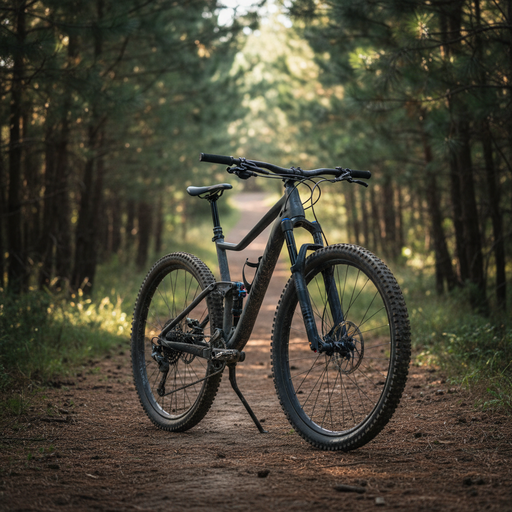A rugged VTT mountain bike caked with just a light dusting of trail dust, parked upright on a narrow dirt path that snakes through a dense pine forest. The matte charcoal frame, wide handlebars, hydraulic suspension, and thick, treaded tires are all clearly visible, with tiny specks of mud on the spokes. Dappled afternoon sunlight filters through high branches, creating a dynamic pattern of light and shadow on the bike and ground. Shot from a slightly low angle with the trail disappearing into the blurred distance, conveying depth and adventure. The mood is bold, wild, and exhilarating, in crisp photographic realism, ideal for illustrating off-road rental options.