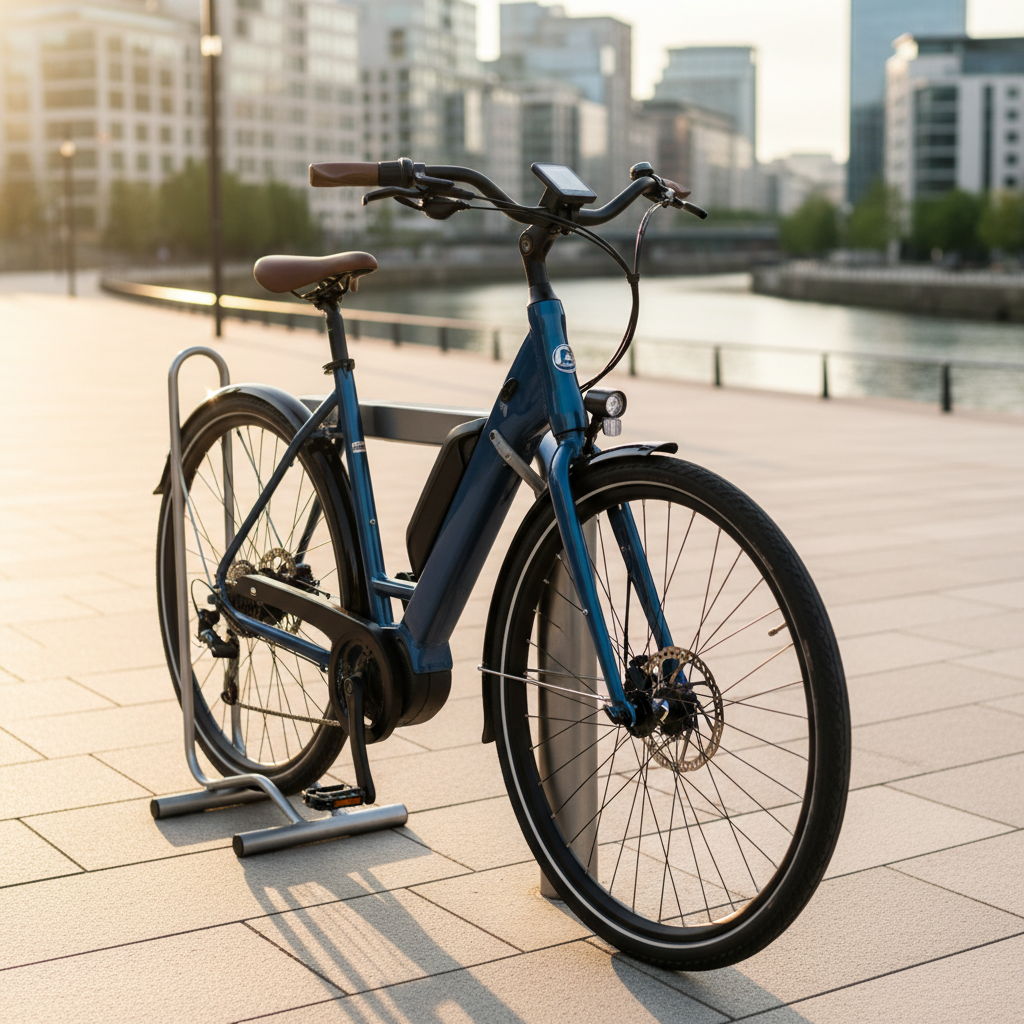 A close-up of a premium electric city bike in glossy deep blue, locked into a minimalist silver bike stand on a wide urban promenade. The aluminum frame with integrated battery, leather-look ergonomic saddle, and digital handlebar display are in razor-sharp focus. Behind, out of focus, smooth pavement leads toward a distant river and modern buildings. Golden hour sunlight washes the scene in warm tones, reflecting off spokes and disc brakes, creating dynamic highlights. Captured from a low three-quarter angle with shallow depth of field, emphasizing power and sophistication. The atmosphere is energetic and aspirational, with vibrant photographic realism perfectly suited to showcase electric bike rentals.